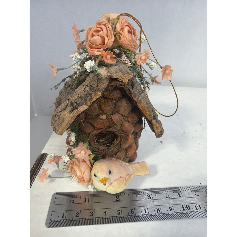 Rustic Bark and Nut Shell Birdhouse Ornament Peach Floral Accents - Picture 9 of 10